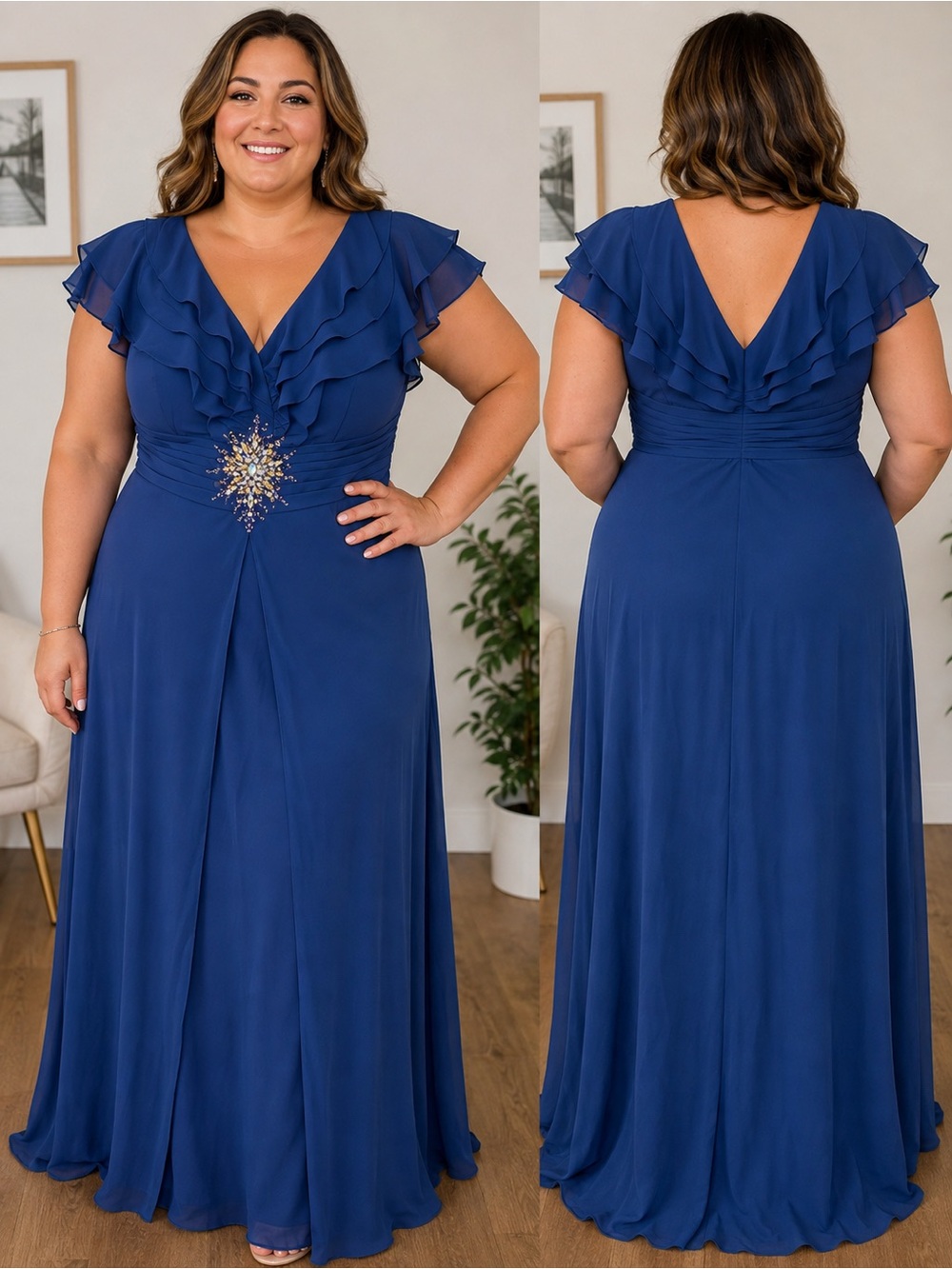 Elegant Plus-Size Ruffle V-Neck Evening Dress